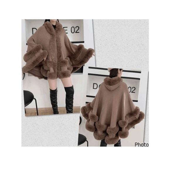 Gorgeous Sweaters - NWT Gorgeous OS Soft Knit Fur Trim Brown Open Hooded Hood Ruana Cape Poncho